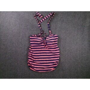 Beach Bump Tankini Top Womens M Pink Navy Striped Maternity Halter Tie Ruched
